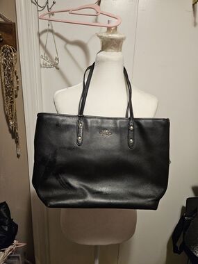 Coach Black Leather Tote with Gold-Tone Hardware